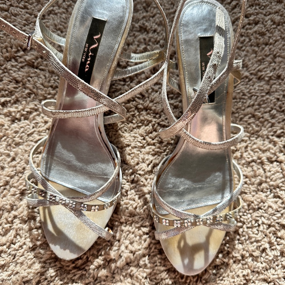 Nina Silver High-Heeled Sandals with Strappy Design